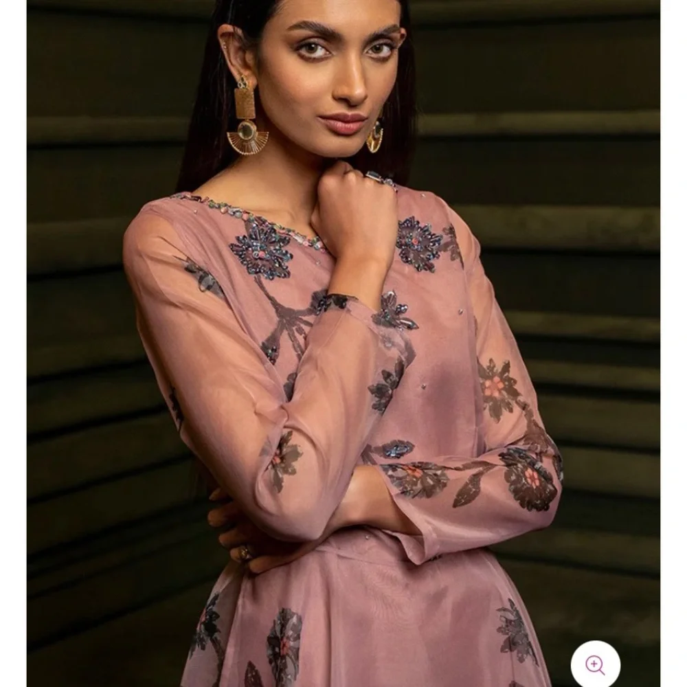 Pakistani embellished light pink organza body-cut dress - Picture 1 of 5